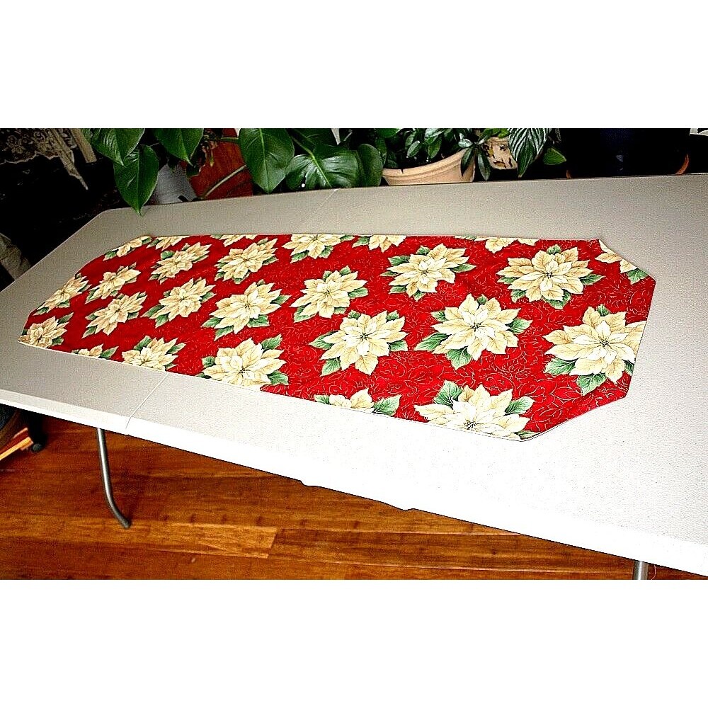 CHRISTMAS Table Runner Red Beige Poinsettias Green Leaves 52 x 16.5 Holiday #02